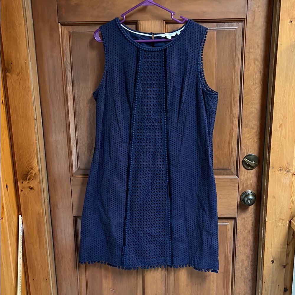 Boden Navy Eyelet Broderie Eyelet Pom Pom Sleeveless Textured Dress Size 16L